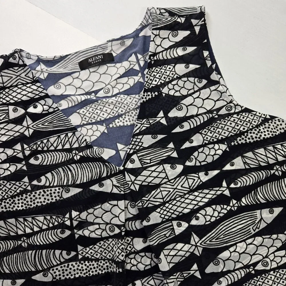 Alfani V-Neck Tank Size Medium Navy Fish All‎ Over Print Hi-Lo Hem Flowy